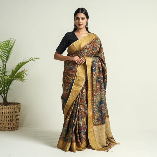 Brown - Srikalahasti Kalamkari Penwork Tussar Ghicha Silk Handspun Hand Painted saree