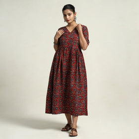 Red - Ajrakh Hand Block Printed Cotton Flared Gher Dress
