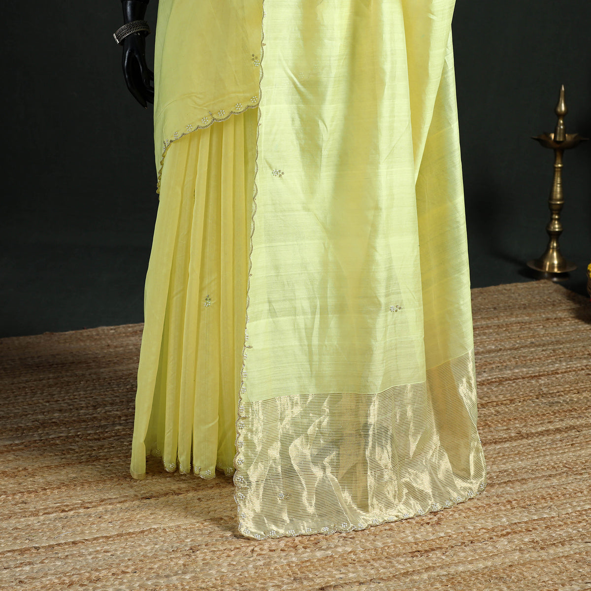 Pure Handloom Zari Pallu Bead Work Chanderi Silk Saree 13