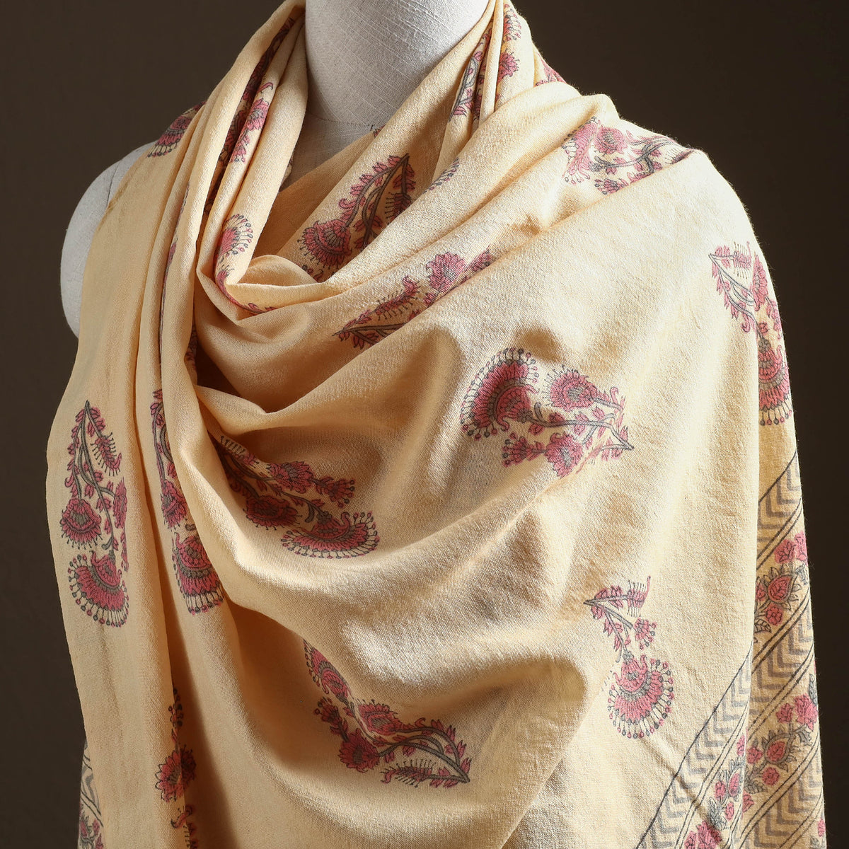 Floral Sanganeri Print Pure Merino Wool Handwoven Shawl 12