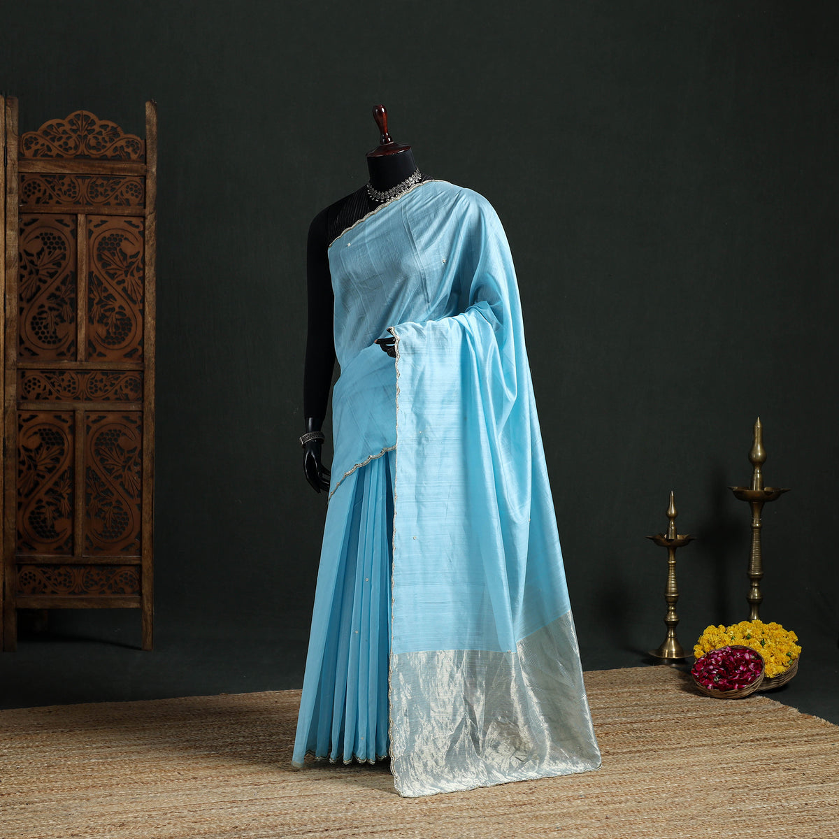 Pure Handloom Zari Pallu Bead Work Chanderi Silk Saree 14