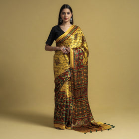 Buy Natural Dyed Block Print Modal Silk Ajrakh Saree