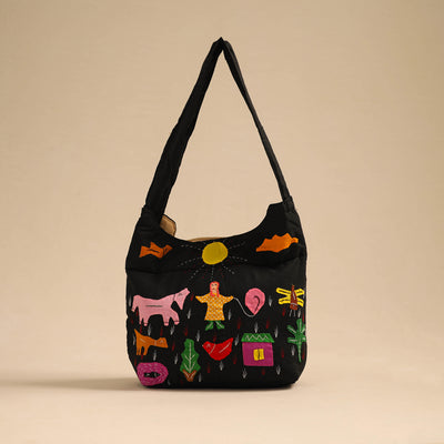 Black - Pipli Applique Work Shoulder Bag 11