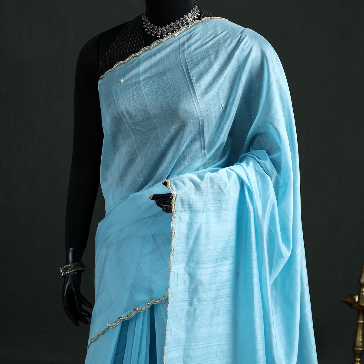 Pure Handloom Zari Pallu Bead Work Chanderi Silk Saree 14