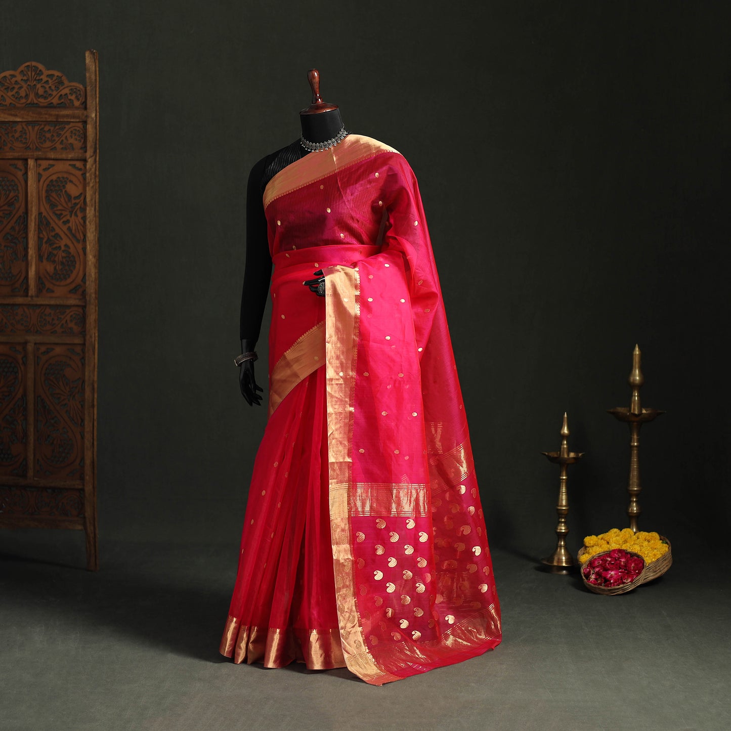 Pure Handloom Zari Buta Katan Silk Chanderi Saree 06