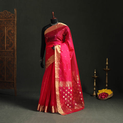 Pure Handloom Zari Buta Katan Silk Chanderi Saree 06