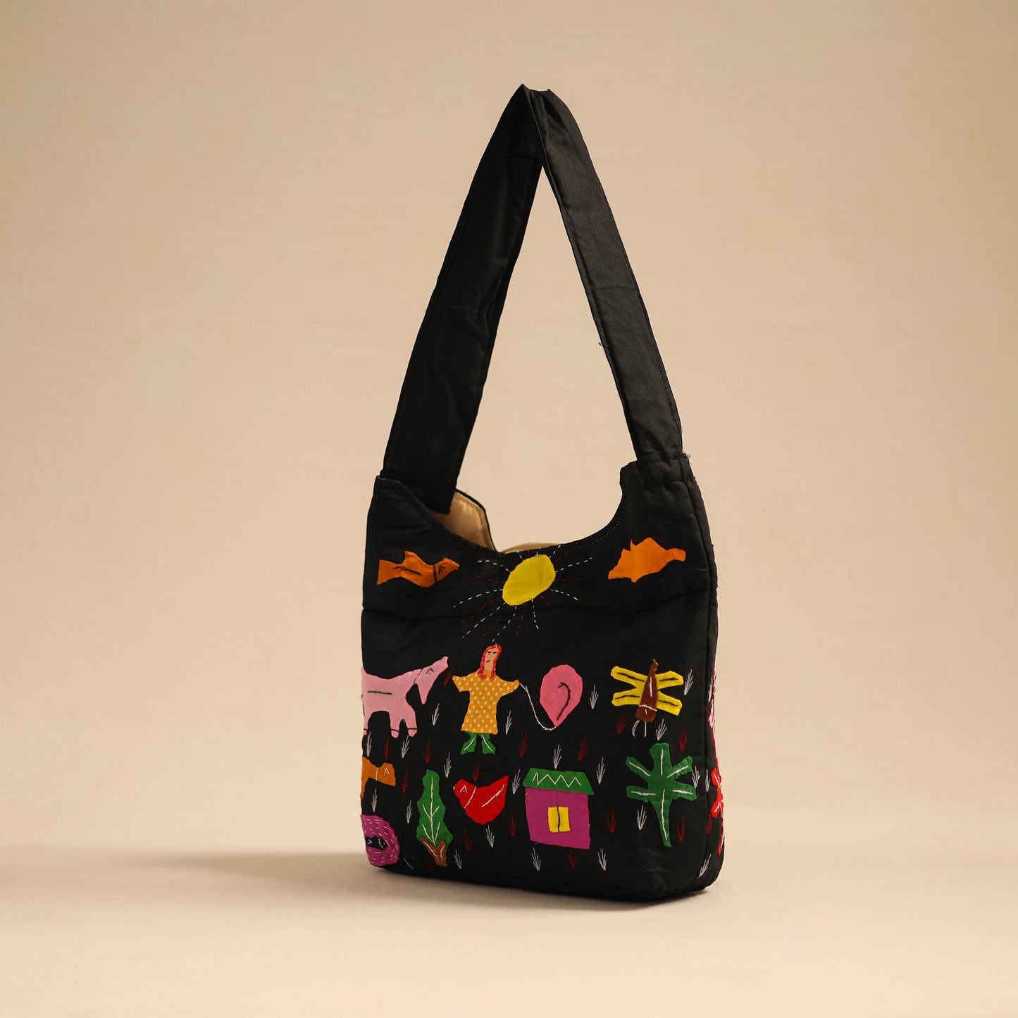 Black - Pipli Applique Work Shoulder Bag 11