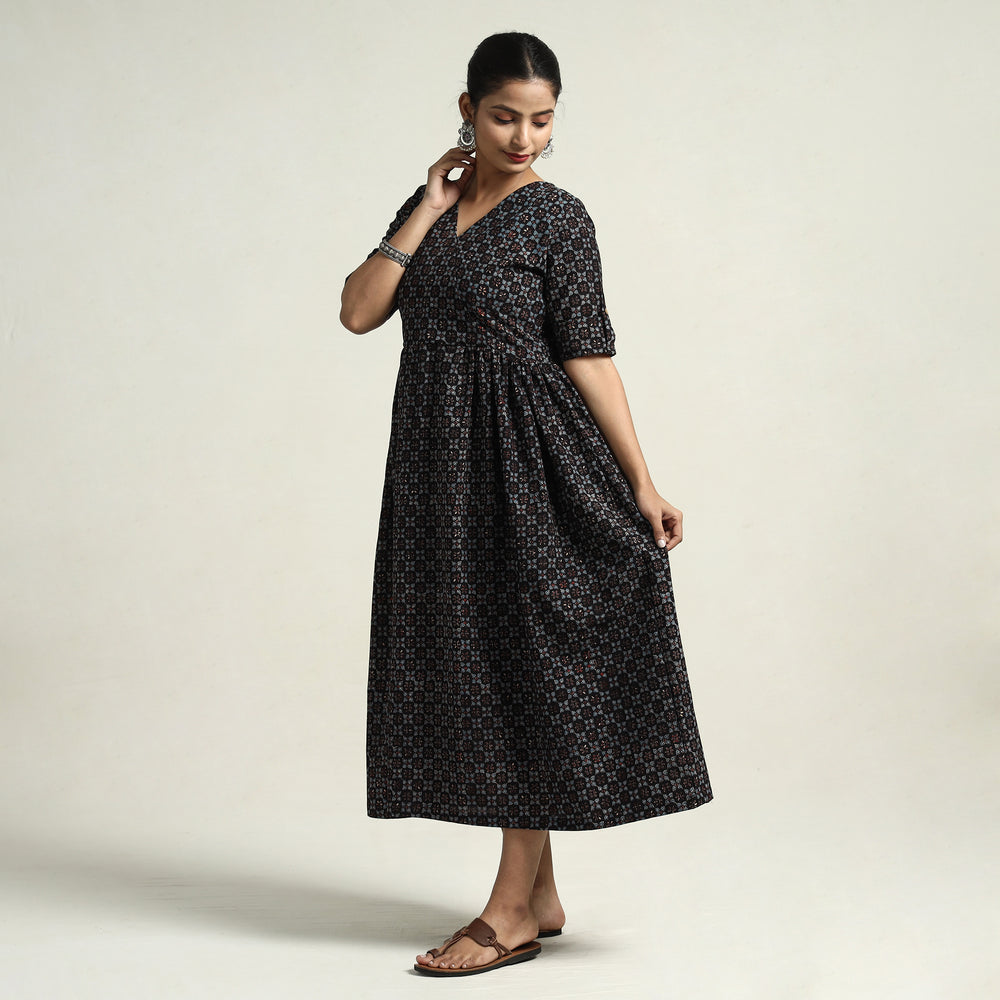 Black - Ajrakh Hand Block Printed Cotton Flared Gher Dress