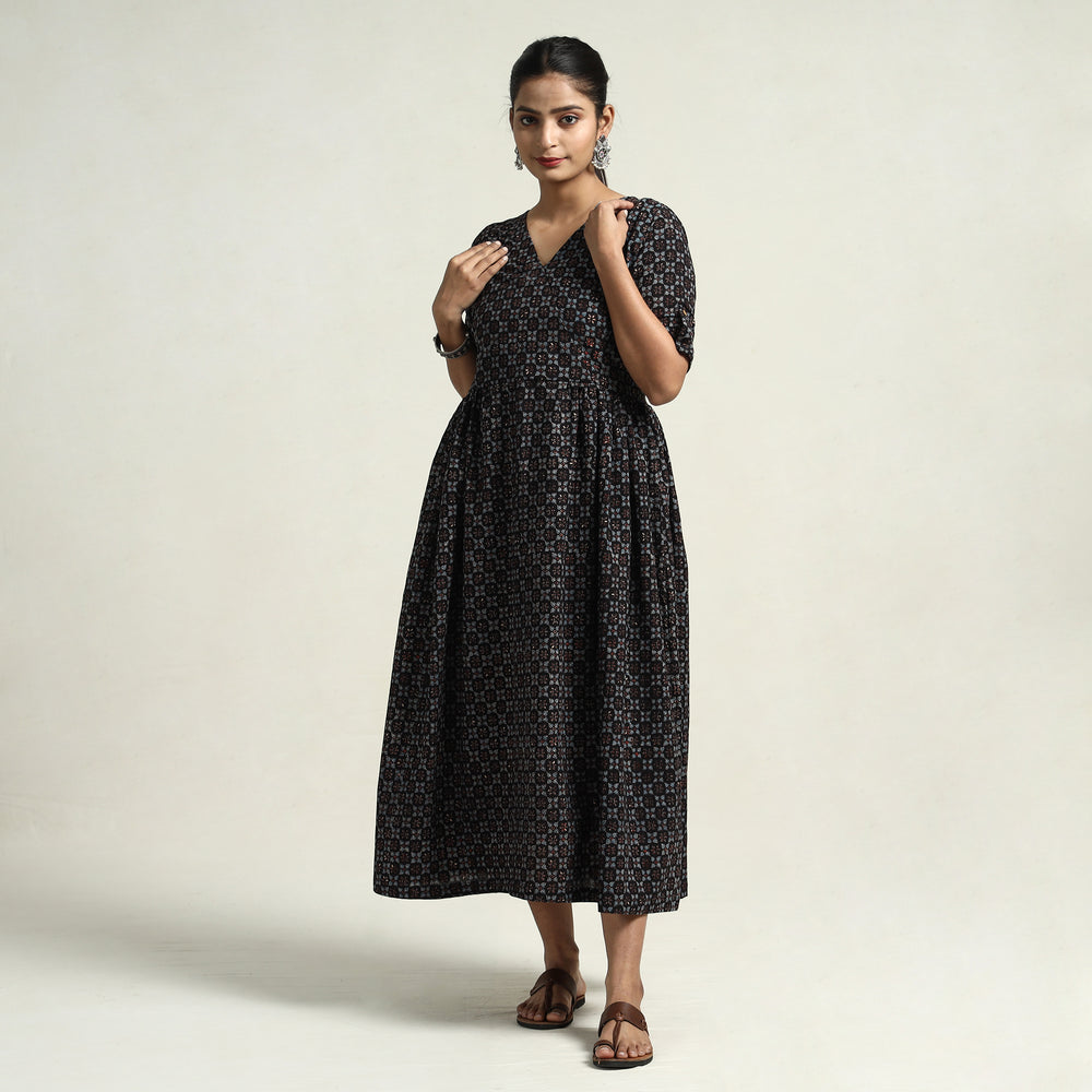 Black - Ajrakh Hand Block Printed Cotton Flared Gher Dress