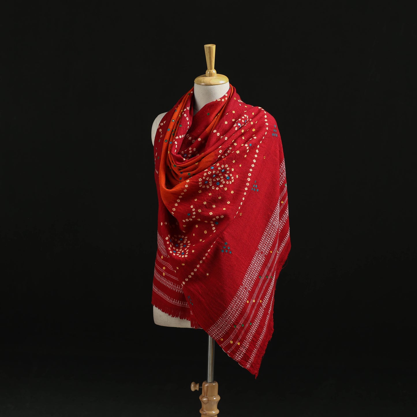 Kutch Handwoven Mirror Work Bandhani Tie-Dye Bagida Merino Wool Shawl 24