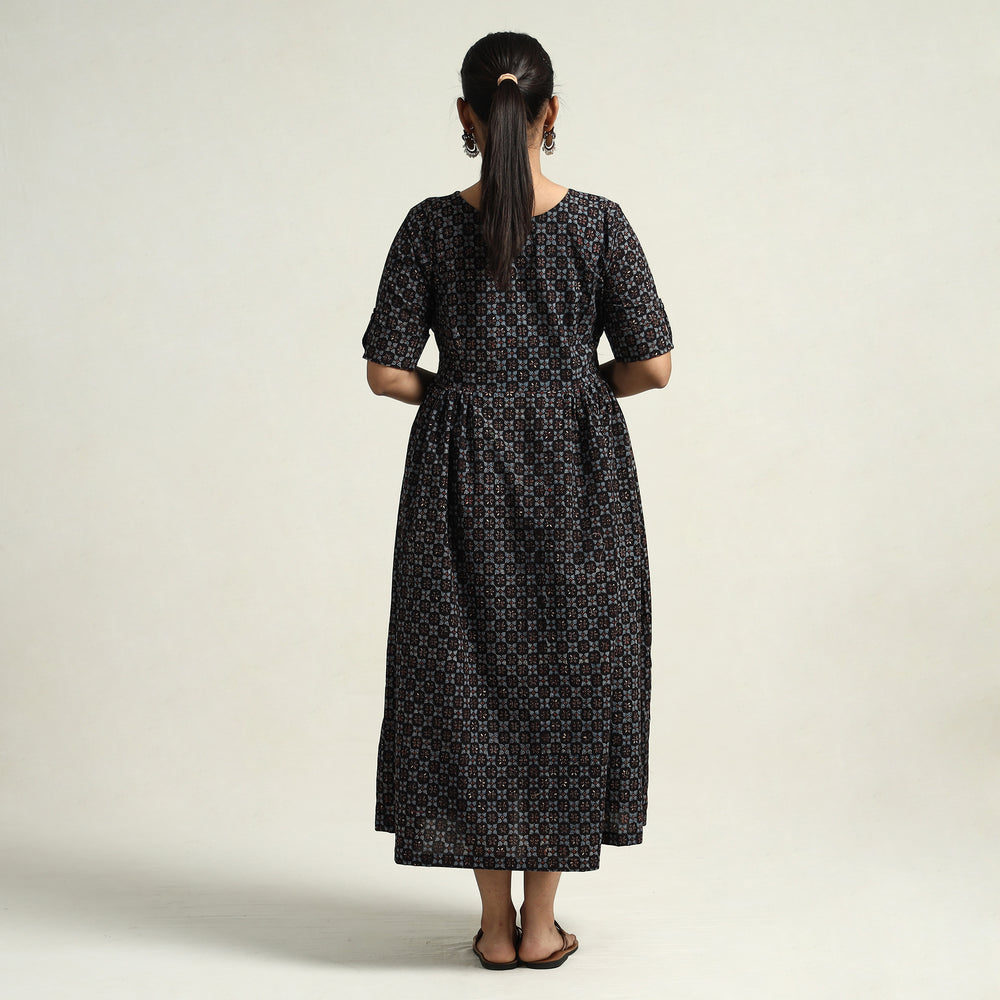 Black - Ajrakh Hand Block Printed Cotton Flared Gher Dress