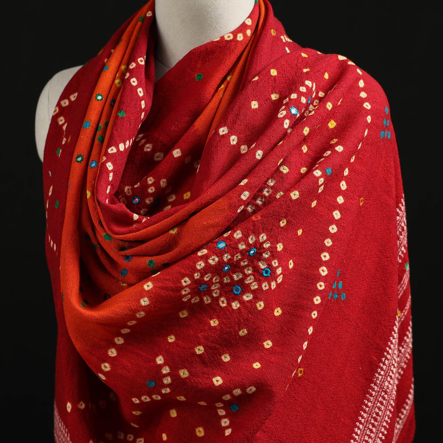 Kutch Handwoven Mirror Work Bandhani Tie-Dye Bagida Merino Wool Shawl 24