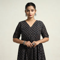 Black - Ajrakh Hand Block Printed Cotton Flared Gher Dress