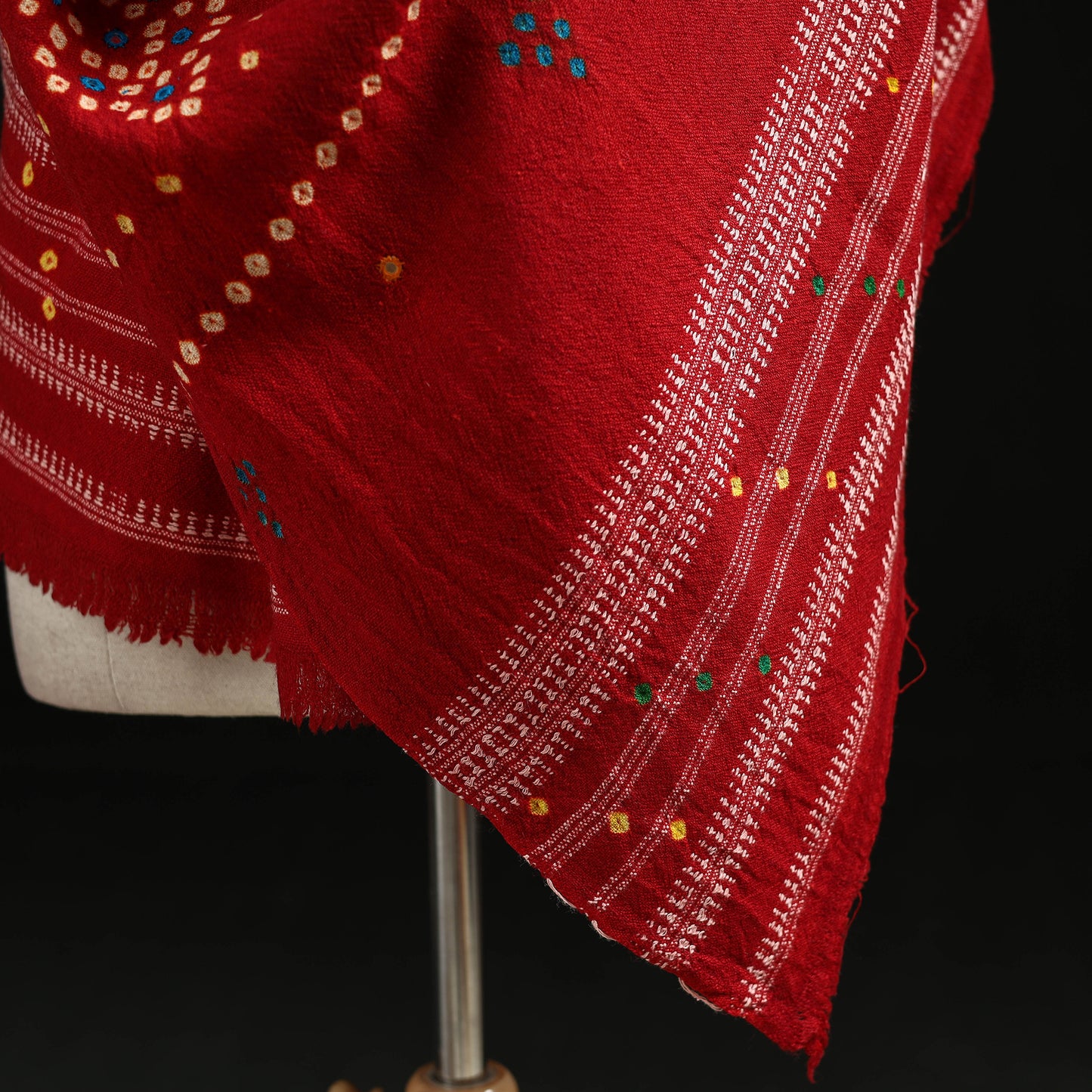 Kutch Handwoven Mirror Work Bandhani Tie-Dye Bagida Merino Wool Shawl 24