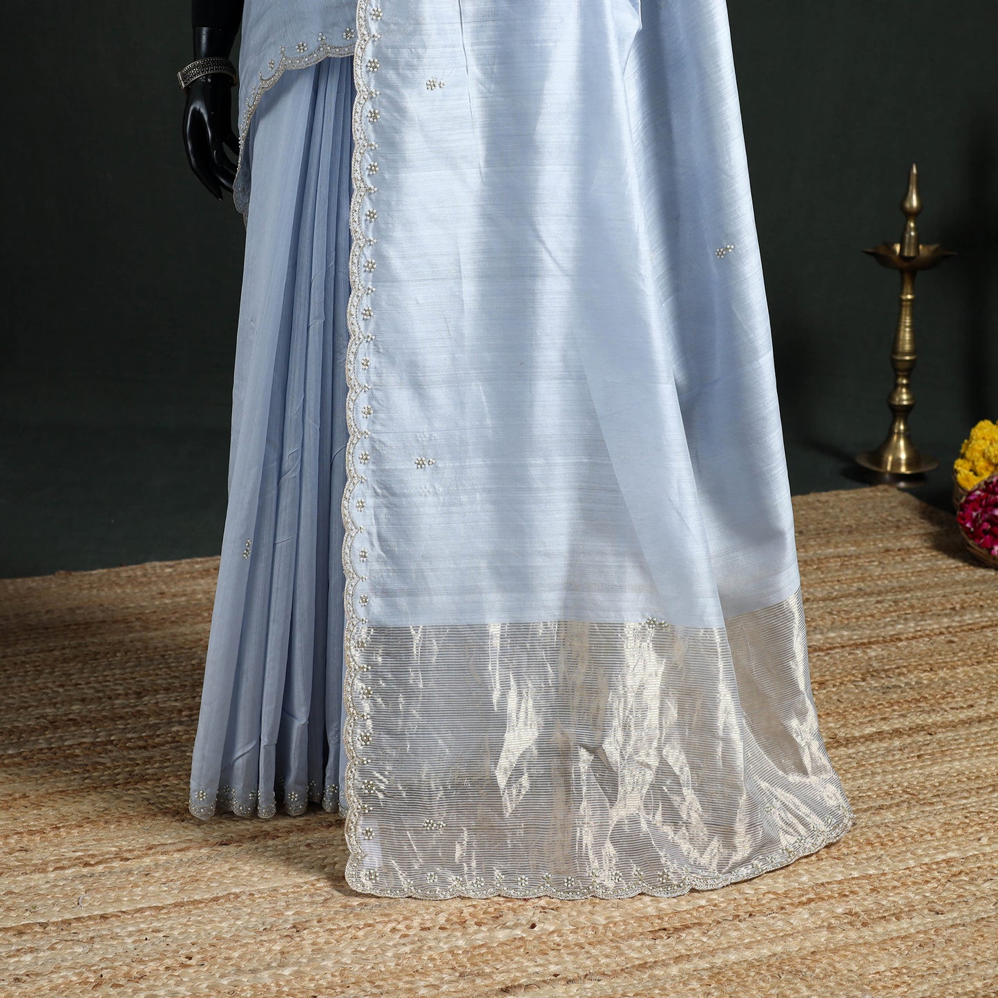 Pure Handloom Zari Pallu Bead Work Chanderi Silk Saree 15