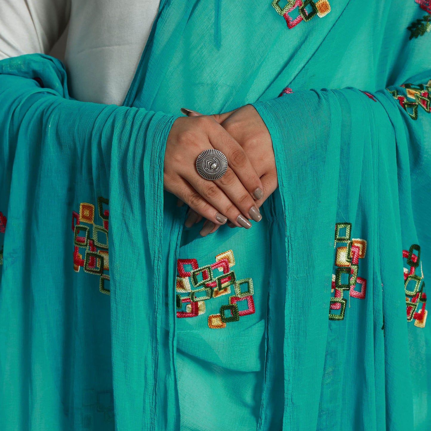 Green - Jaipur Hand Embroidery Chiffon Dupatta with Tassels 22