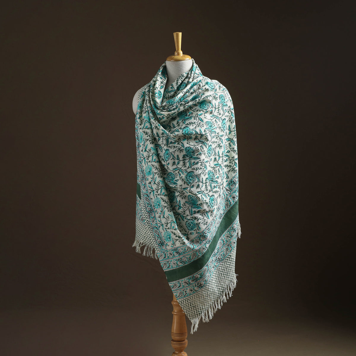 Floral Sanganeri Print Pure Merino Wool Handwoven Shawl 14