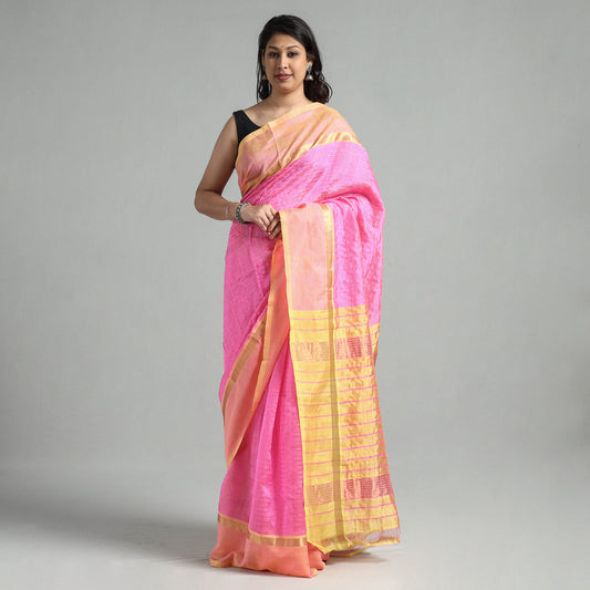 Pink - Mangalagiri Silk Cotton Silver Zari Stripe Handloom Saree with Zari Border