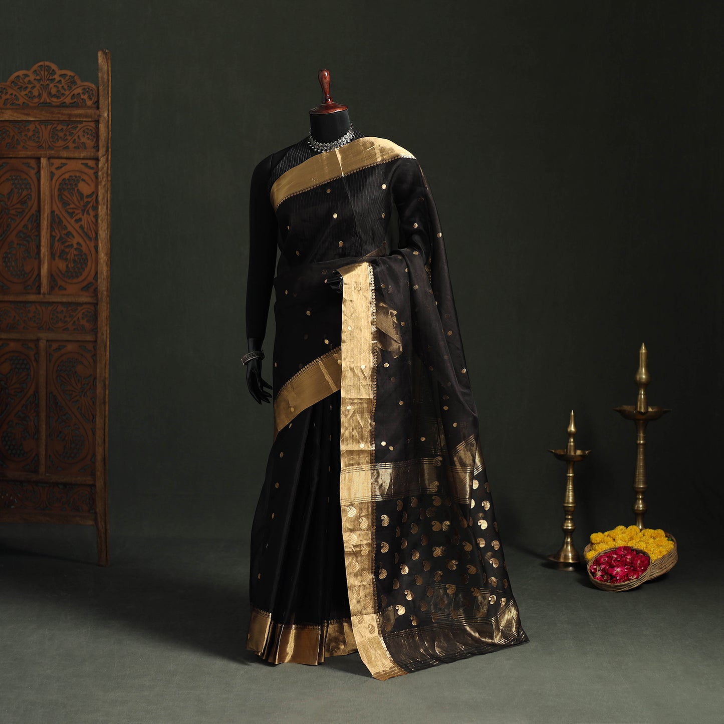 Pure Handloom Zari Buta Katan Silk Chanderi Saree 09