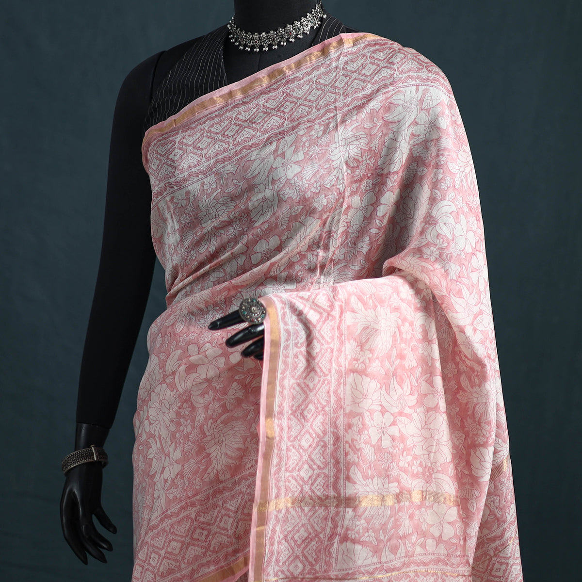 Floral Hand Block Print Mulberry Silk Sanganeri Saree 01