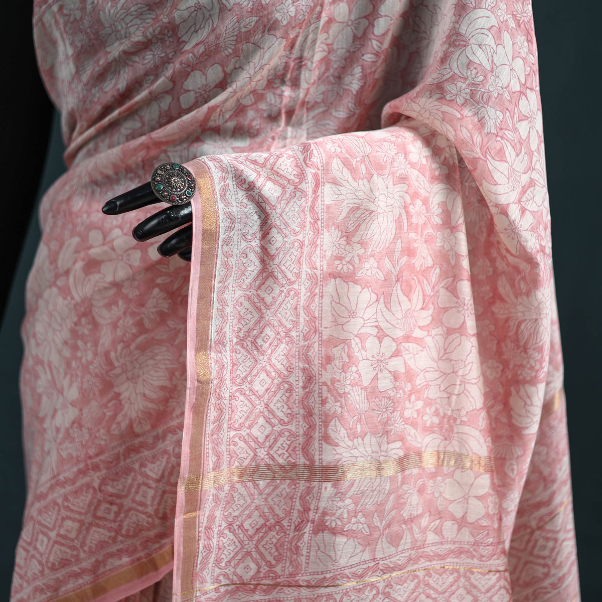 Floral Hand Block Print Mulberry Silk Sanganeri Saree 01