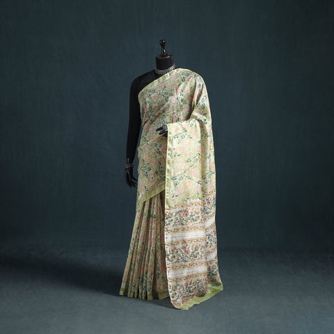 Floral Hand Block Print Mulberry Silk Sanganeri Saree 02