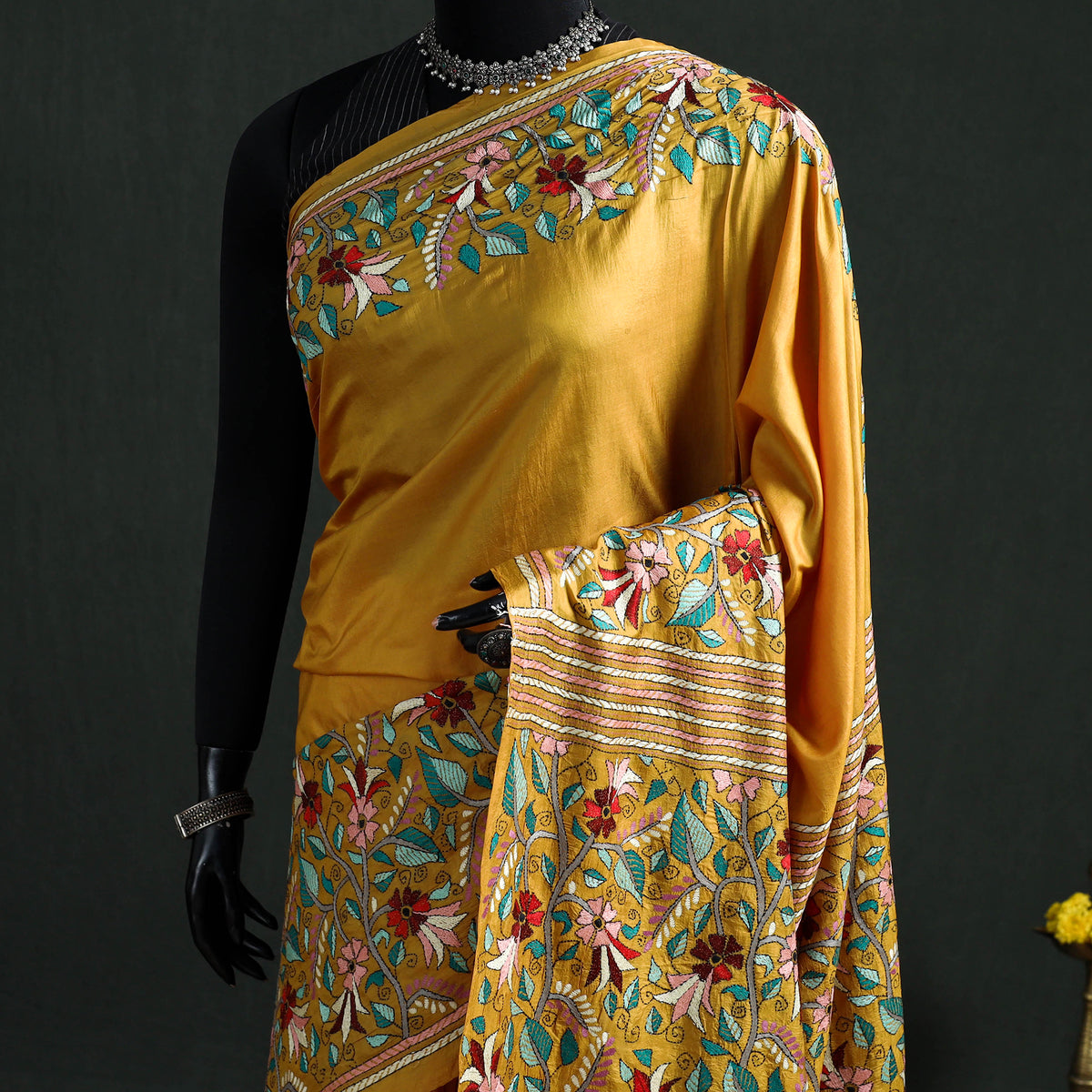 Pure Tussar Silk Handloom Bengal Kantha Hand Embroidered Saree 01