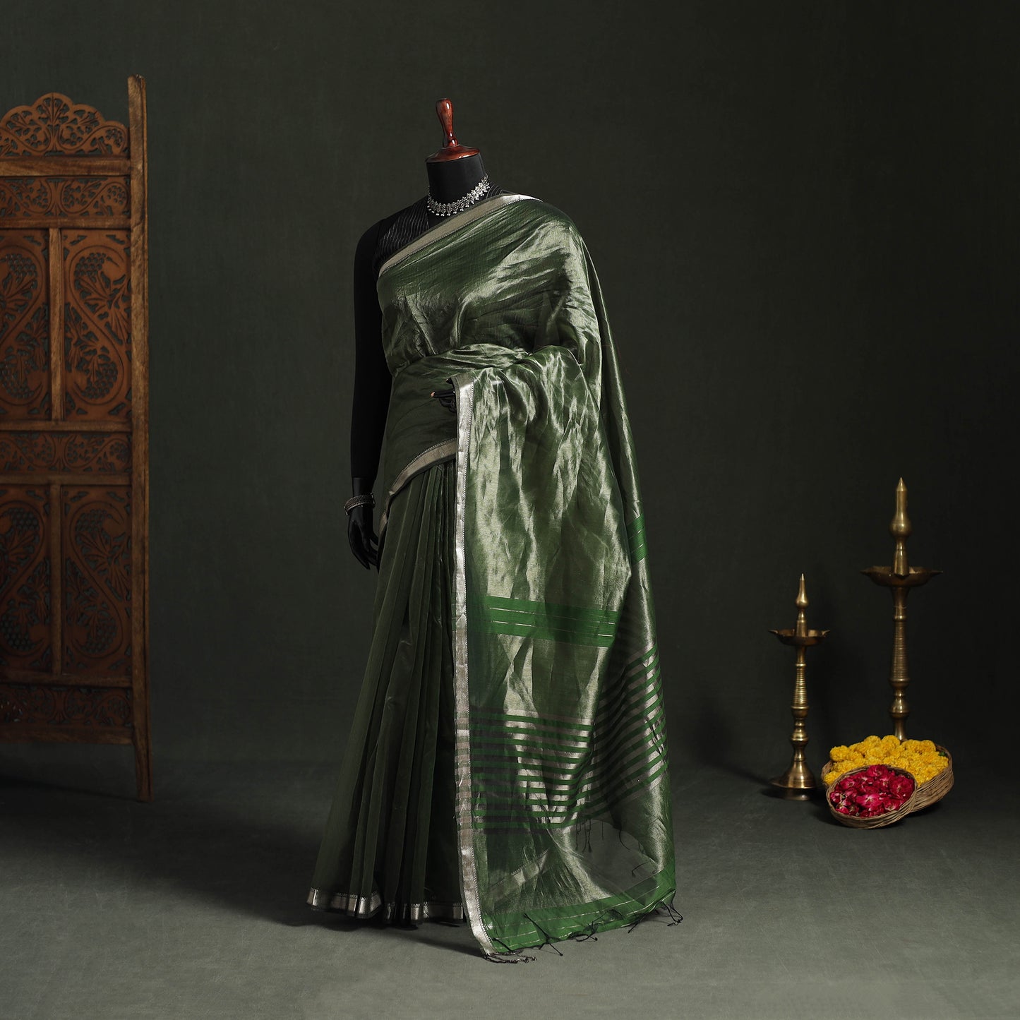 Pure Handloom Zari Stripes Katan Silk Chanderi Saree 10