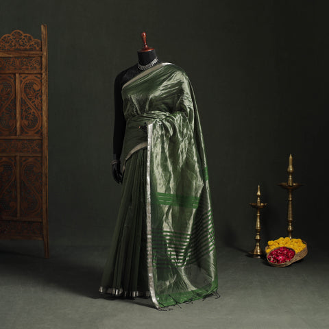 Pure Handloom Zari Stripes Katan Silk Chanderi Saree 10