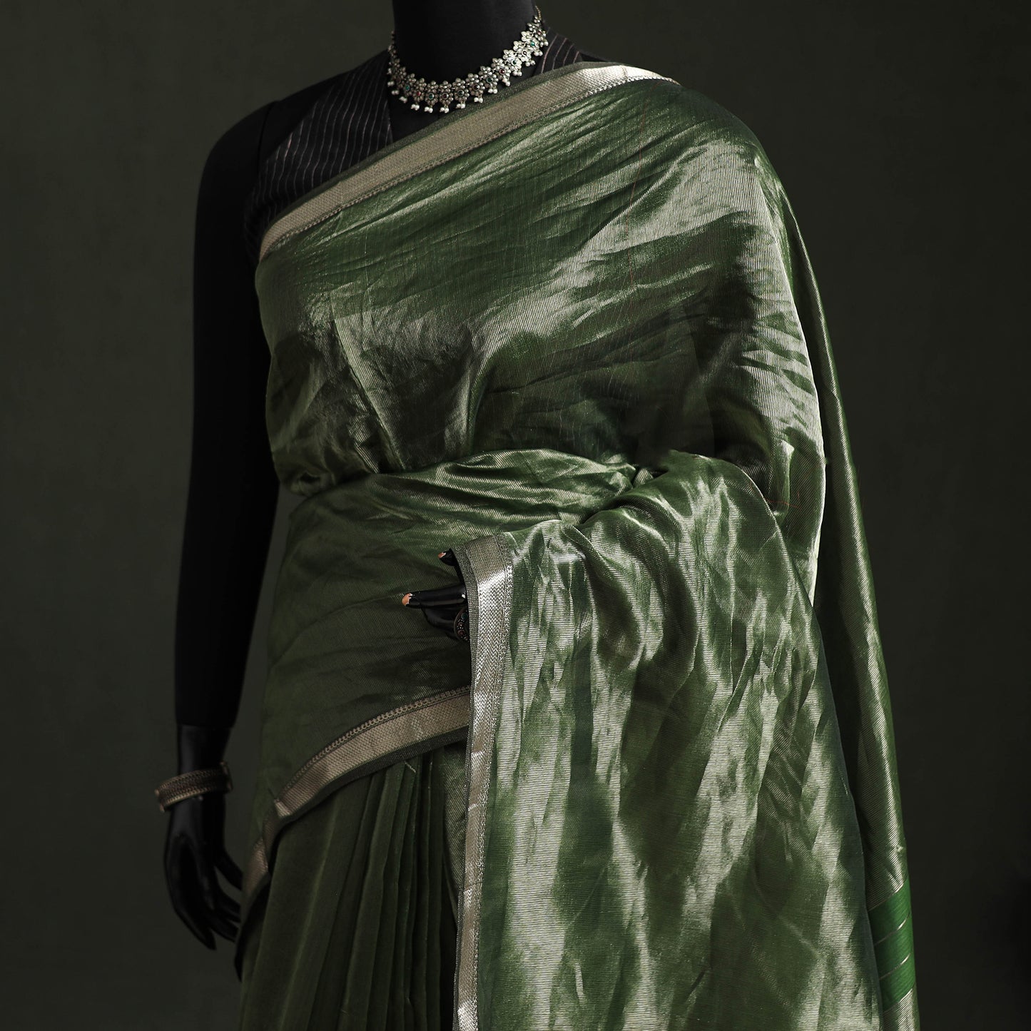 Pure Handloom Zari Stripes Katan Silk Chanderi Saree 10