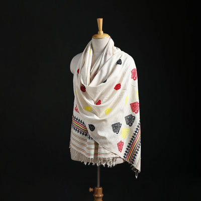 White - Handspun Handwoven Pure Eri Silk Aari Hand Embroidered Shawl of Assam 03