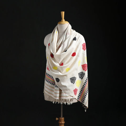 White - Handspun Handwoven Pure Eri Silk Aari Hand Embroidered Shawl of Assam 03