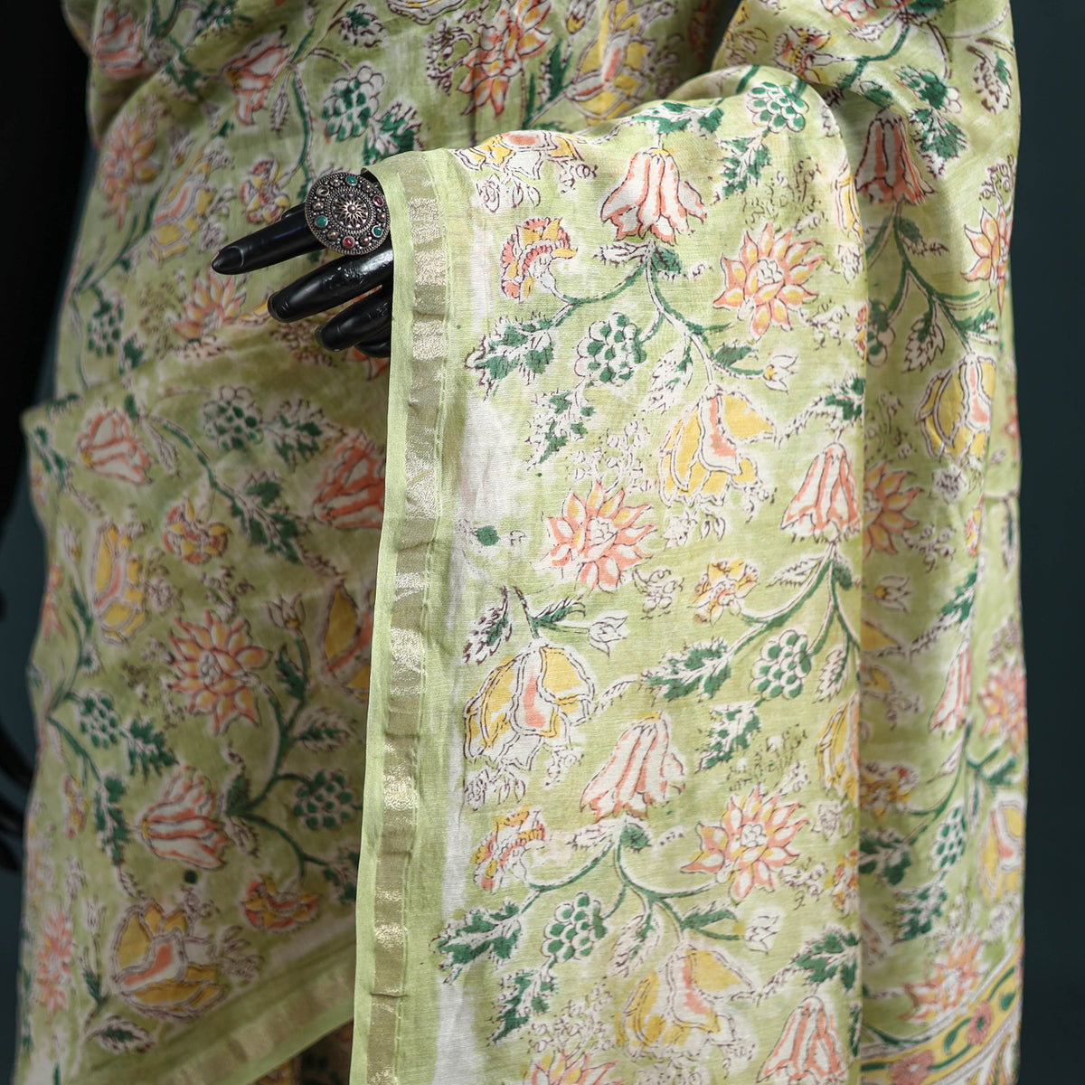 Floral Hand Block Print Mulberry Silk Sanganeri Saree 02