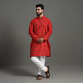 Red Silk Cotton Handwoven Pochampally Ikat Kurta for Men