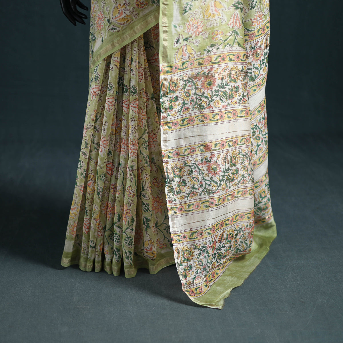 Floral Hand Block Print Mulberry Silk Sanganeri Saree 02