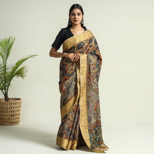 Multicolor - Srikalahasti Kalamkari Penwork Tussar Ghicha Silk Handspun Hand Painted saree