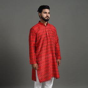 Red Silk Cotton Handwoven Pochampally Ikat Kurta for Men