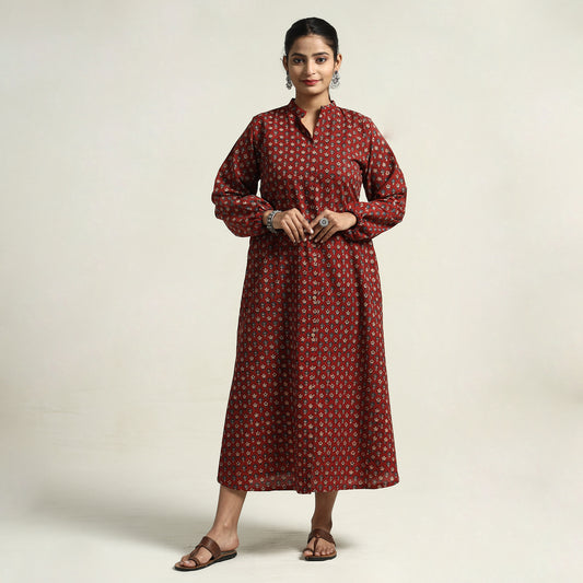 Red - Maroon - Ajrakh Hand Block Printed Cotton Dress