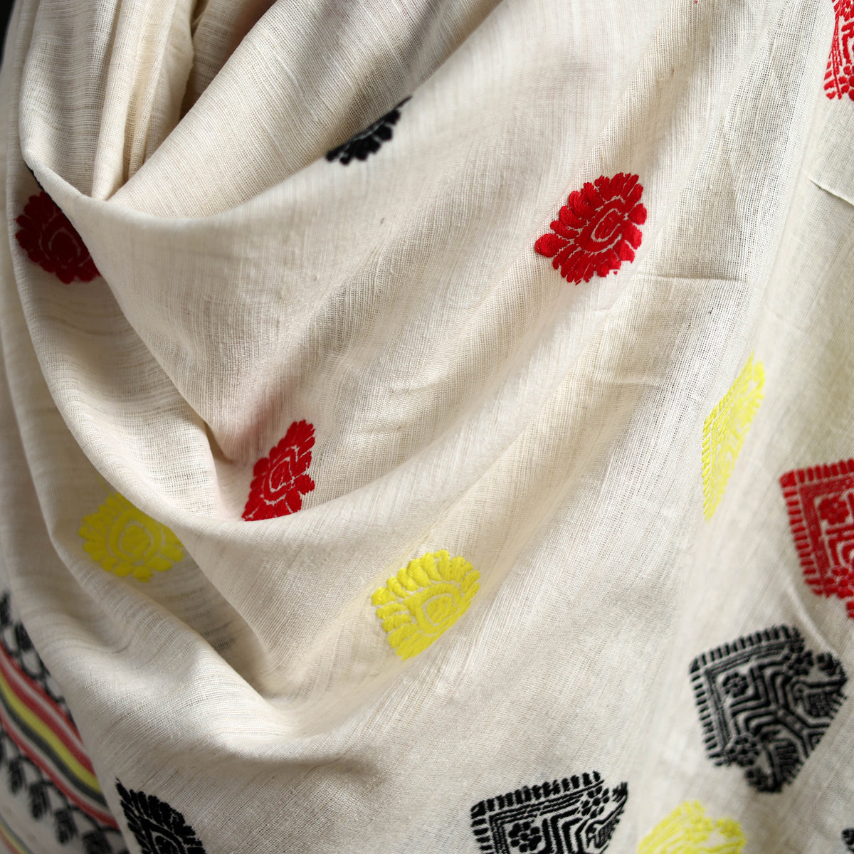 White - Handspun Handwoven Pure Eri Silk Aari Hand Embroidered Shawl of Assam 03
