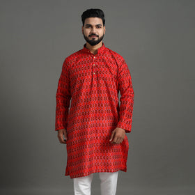 Red Silk Cotton Handwoven Pochampally Ikat Kurta for Men