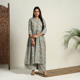 Buy Green Block Print Cotton Flared Sanganeri Kurta Set