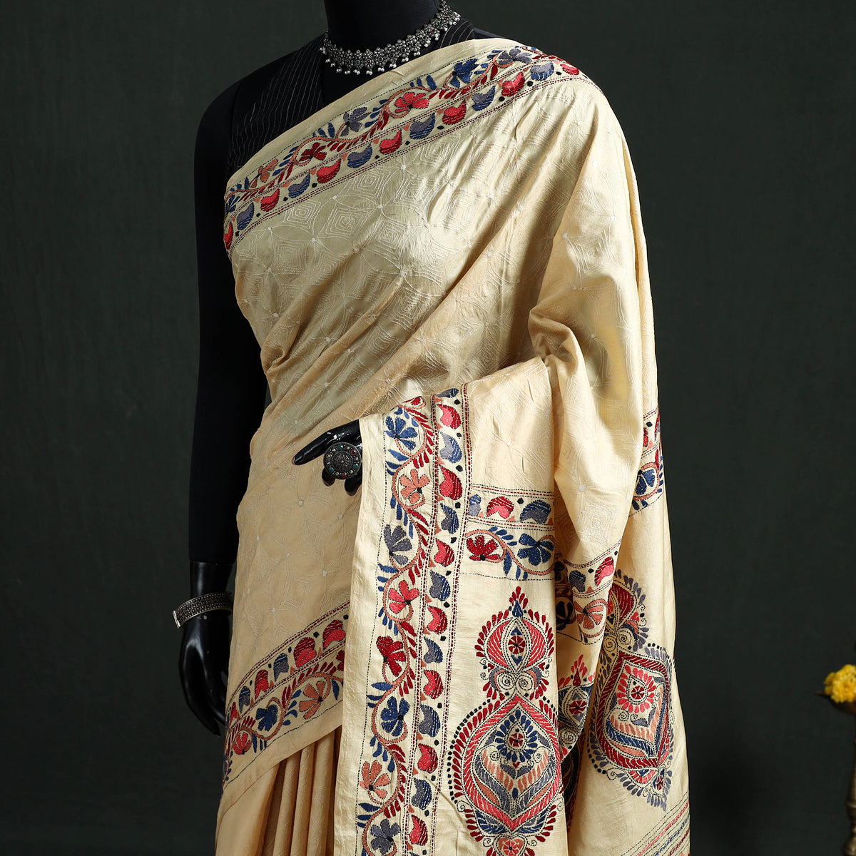 Pure Tussar Silk Handloom Bengal Kantha Hand Embroidered Saree 02