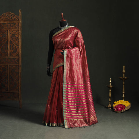 Pure Handloom Zari Stripes Katan Silk Chanderi Saree 11