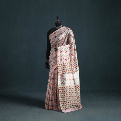 Floral Hand Block Print Mulberry Silk Sanganeri Saree 03