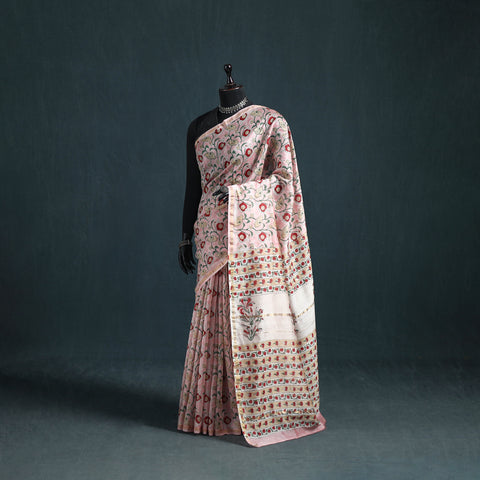 Floral Hand Block Print Mulberry Silk Sanganeri Saree 03
