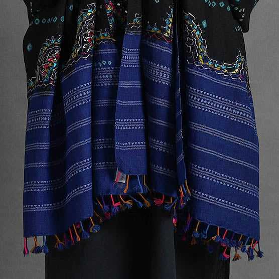 Black - Handwoven Merino Wool Bandhani Shawl w/ Neran Embroidery 27