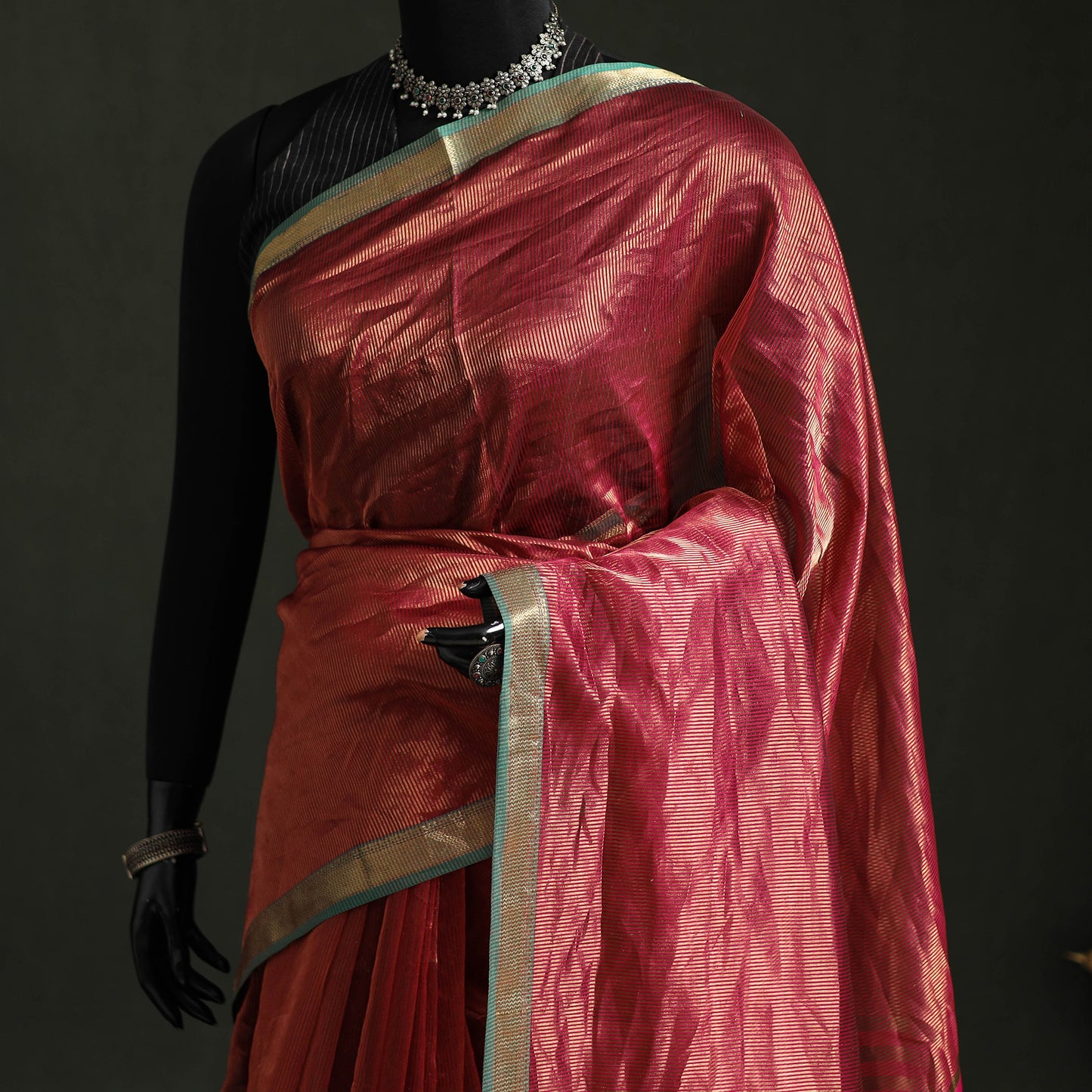 Pure Handloom Zari Stripes Katan Silk Chanderi Saree 11