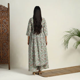 Buy Green Block Print Cotton Flared Sanganeri Kurta Set