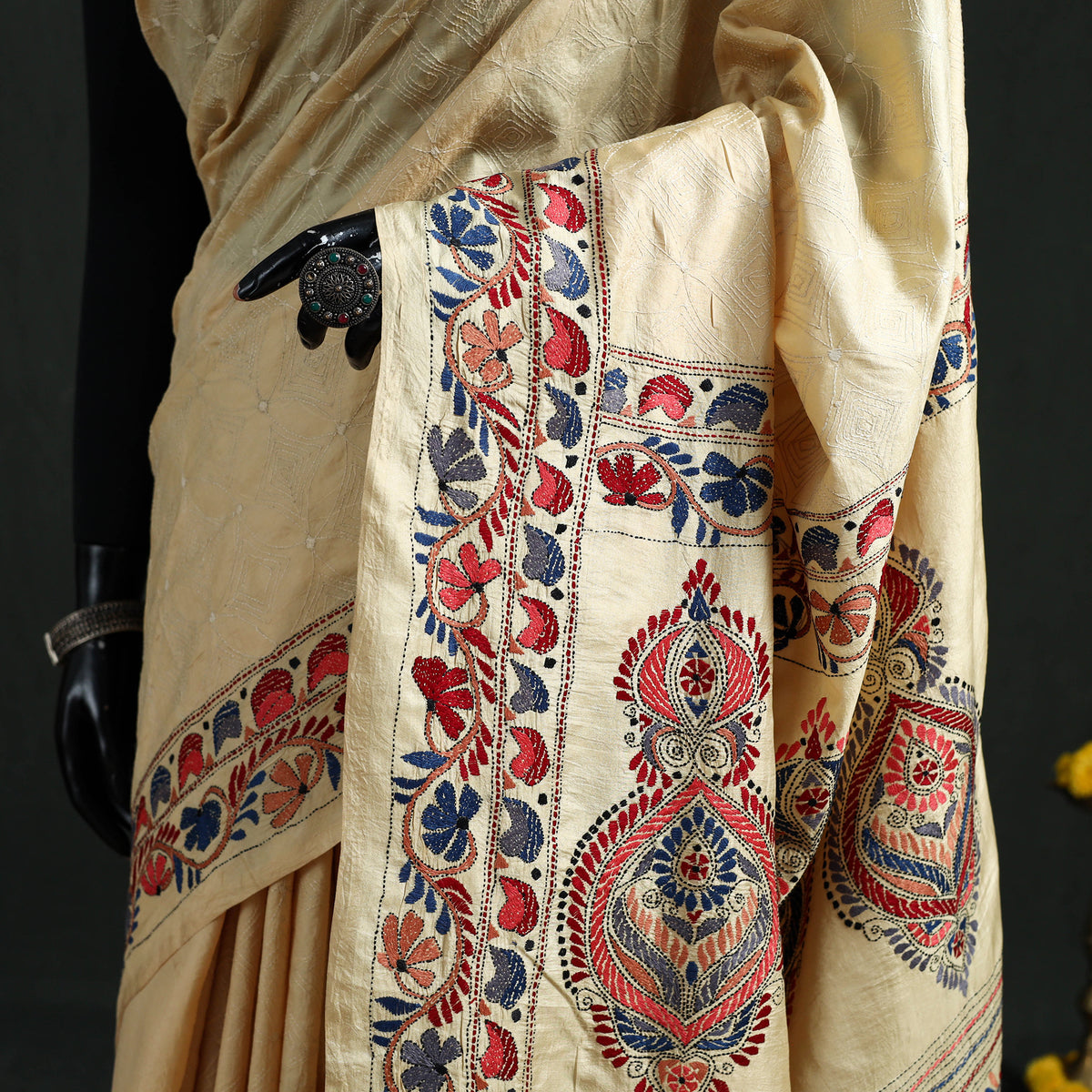 Pure Tussar Silk Handloom Bengal Kantha Hand Embroidered Saree 02