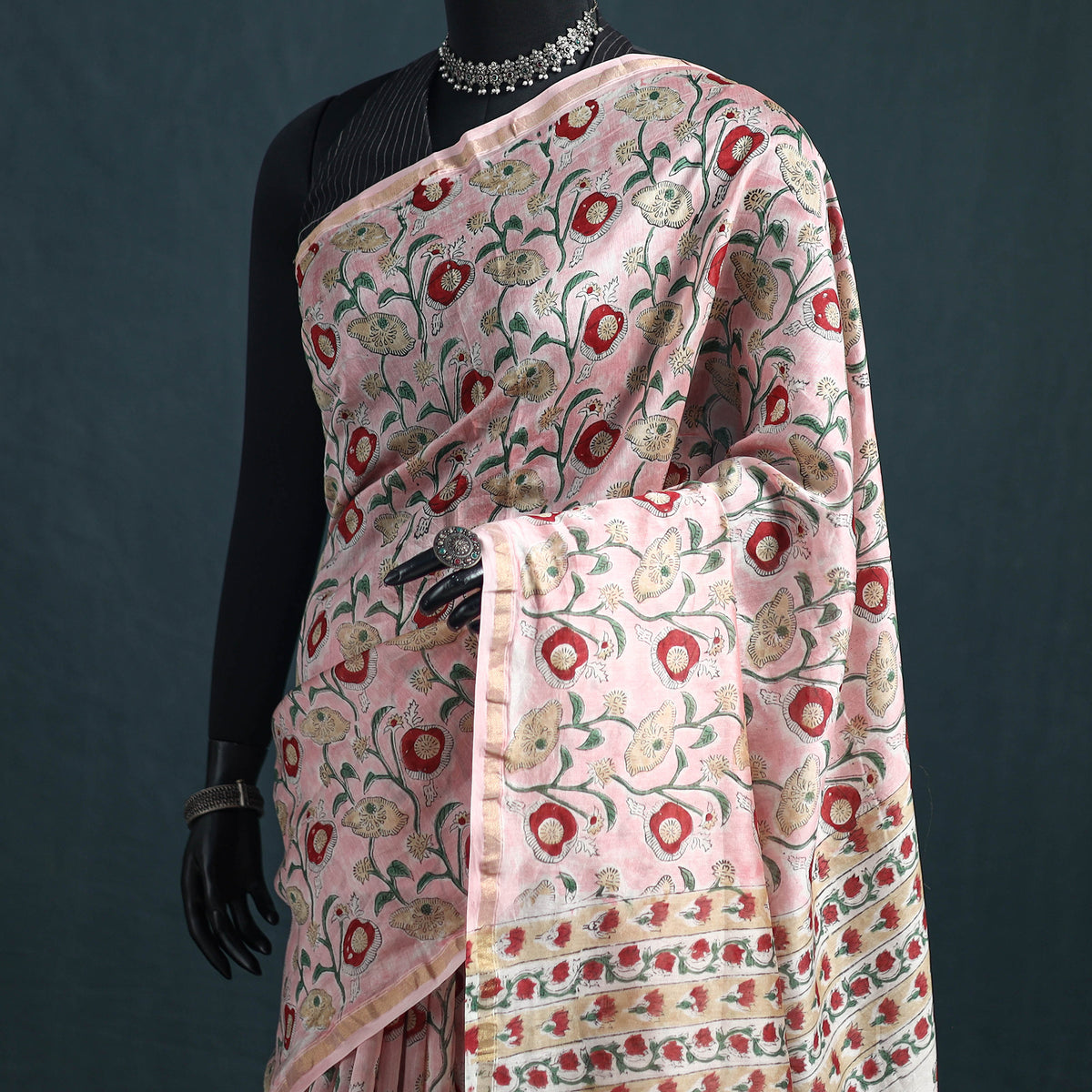Floral Hand Block Print Mulberry Silk Sanganeri Saree 03